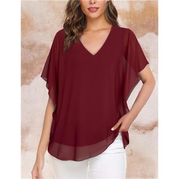 Women's Loose Flouncing Flutter Sleeve Double-Layered Shirt Chiffon Elegant - Picture 2 of 6